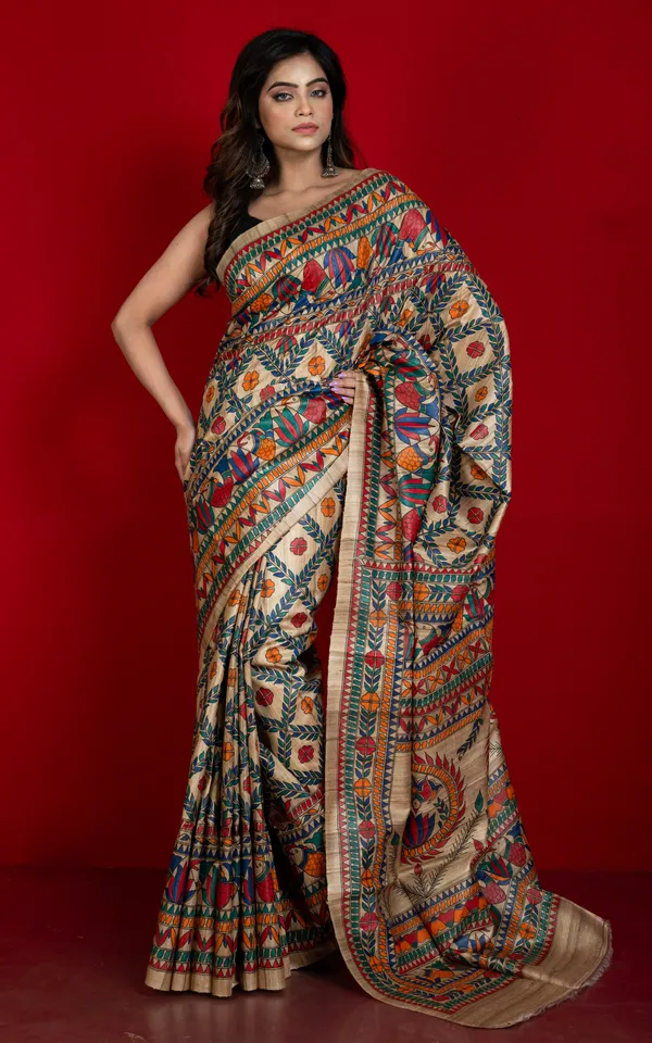 Premium_Quality_All_Over_Hand_Painted_Madhubani_Motifs_On_Natural_Ghicha_Tussar_Silk_Saree_In_Solitaire_Beige_And_Multicolor
