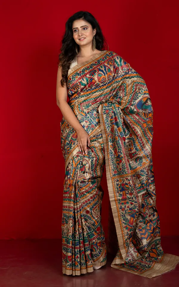 Premium_Quality_All_Over_Hand_Painted_Madhubani_Motifs_On_Natural_Ghicha_Tussar_Silk_Saree_In_Cameo_Beige_And_Multicolor
