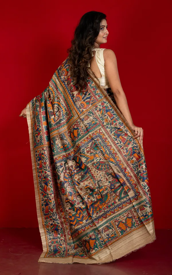 Premium_Quality_All_Over_Hand_Painted_Madhubani_Motifs_On_Natural_Ghicha_Tussar_Silk_Saree_In_Cameo_Beige_And_Multicolor