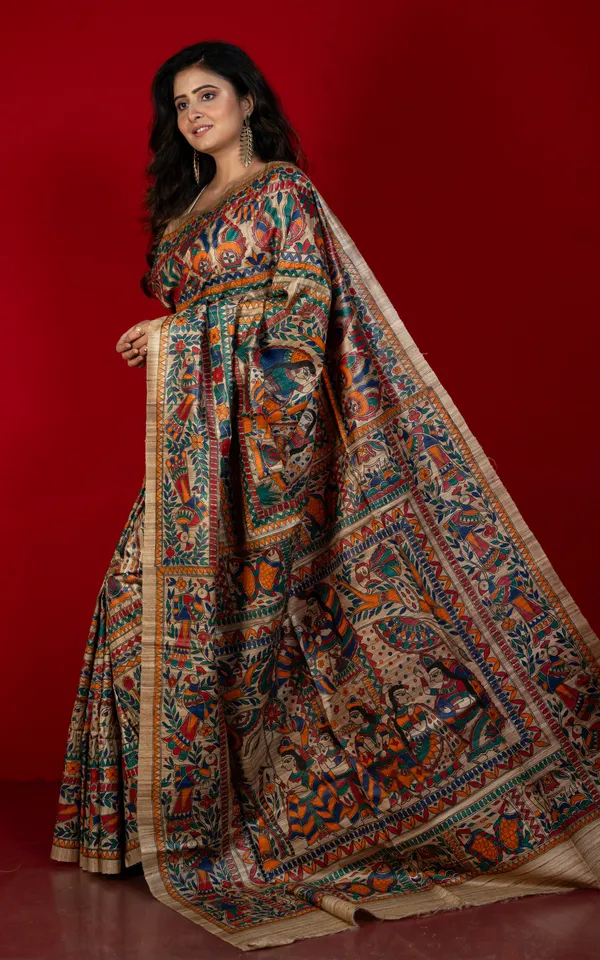 Premium_Quality_All_Over_Hand_Painted_Madhubani_Motifs_On_Natural_Ghicha_Tussar_Silk_Saree_In_Cameo_Beige_And_Multicolor