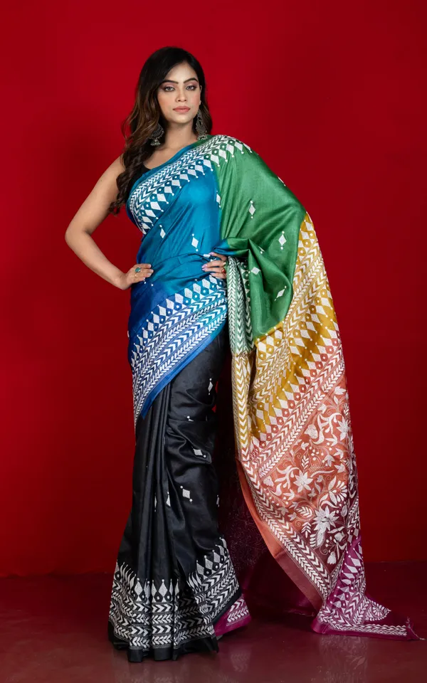 Multicolor_Dyed_Gachi_Tussar_Silk_Hand_Embroidery_Kantha_Stitch_Saree_In_Black_White_And_Multicolor