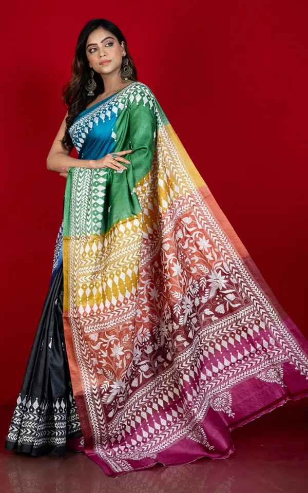 Multicolor_Dyed_Gachi_Tussar_Silk_Hand_Embroidery_Kantha_Stitch_Saree_In_Black_White_And_Multicolor