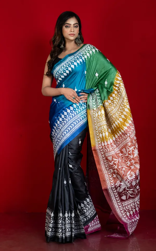 Multicolor_Dyed_Gachi_Tussar_Silk_Hand_Embroidery_Kantha_Stitch_Saree_In_Black_White_And_Multicolor