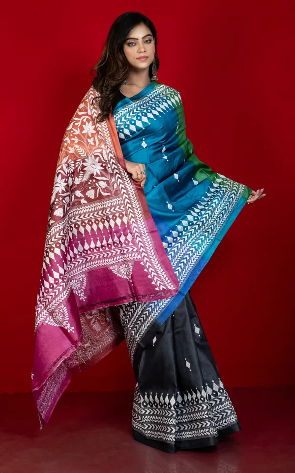 Multicolor_Dyed_Gachi_Tussar_Silk_Hand_Embroidery_Kantha_Stitch_Saree_In_Black_White_And_Multicolor