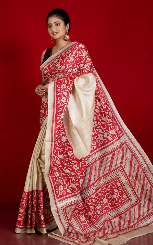 Premium_Quality_Hand_Embroidery_Kantha_Work_On_Pure_Gachi_Tussar_Saree_In_Natural_Beige_Black_And_Red