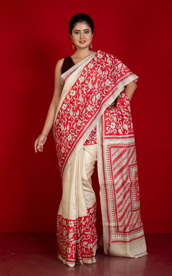Premium_Quality_Hand_Embroidery_Kantha_Work_On_Pure_Gachi_Tussar_Saree_In_Natural_Beige_Black_And_Red