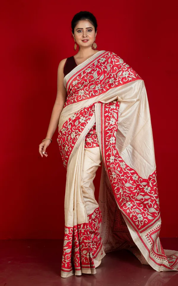 Premium_Quality_Hand_Embroidery_Kantha_Work_On_Pure_Gachi_Tussar_Saree_In_Natural_Beige_Black_And_Red