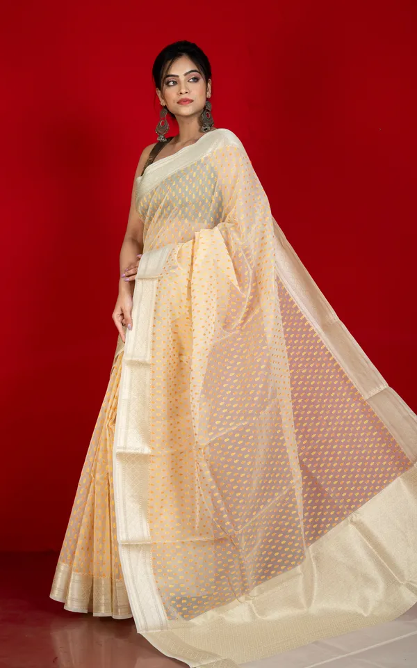 Designer_Dewdrop_Butta_Kora_Organza_Silk_Banarasi_Saree_In_Off_White_With_Pastel_Yellow_Brown_And_Silver