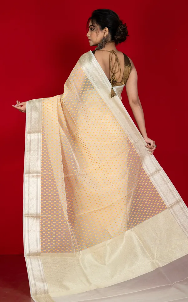 Designer_Dewdrop_Butta_Kora_Organza_Silk_Banarasi_Saree_In_Off_White_With_Pastel_Yellow_Brown_And_Silver