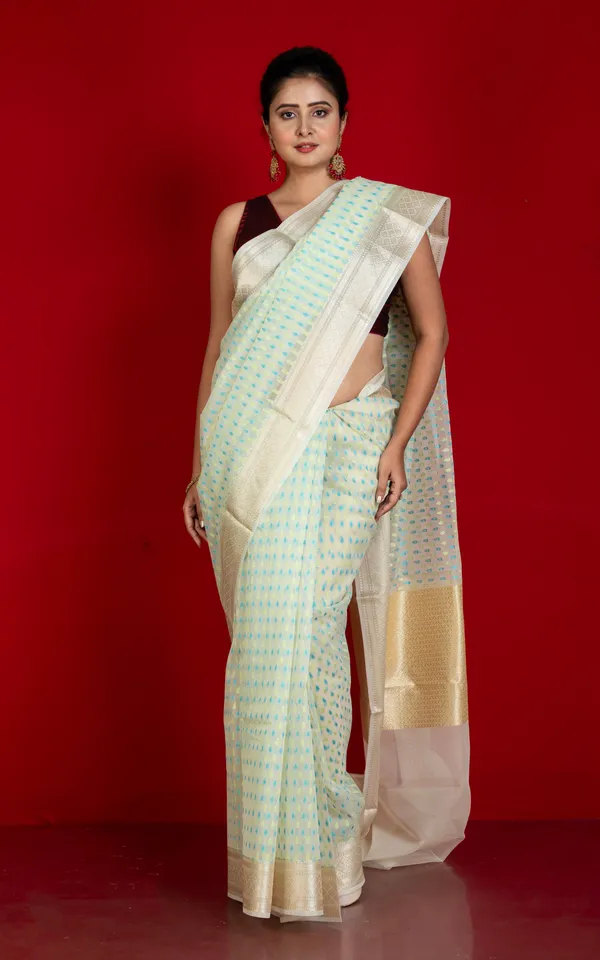 Designer_Dewdrop_Butta_Kora_Organza_Silk_Banarasi_Saree_In_Off_White_With_Fountain_Blue_Beryl_Green_And_Silver