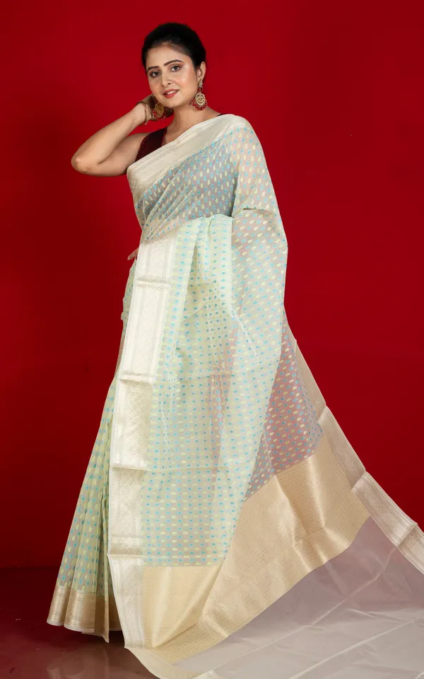 Designer_Dewdrop_Butta_Kora_Organza_Silk_Banarasi_Saree_In_Off_White_With_Fountain_Blue_Beryl_Green_And_Silver