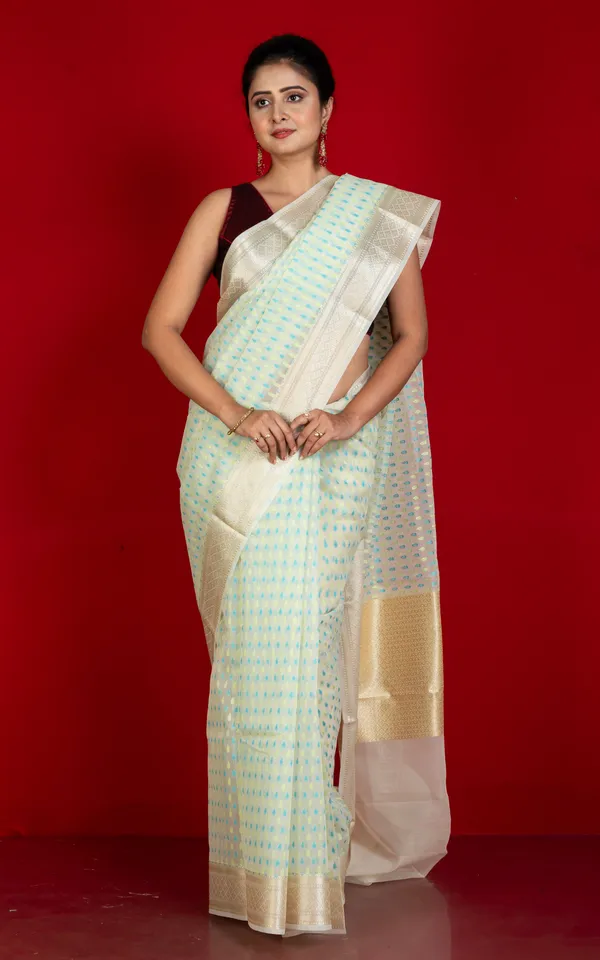 Designer_Dewdrop_Butta_Kora_Organza_Silk_Banarasi_Saree_In_Off_White_With_Fountain_Blue_Beryl_Green_And_Silver