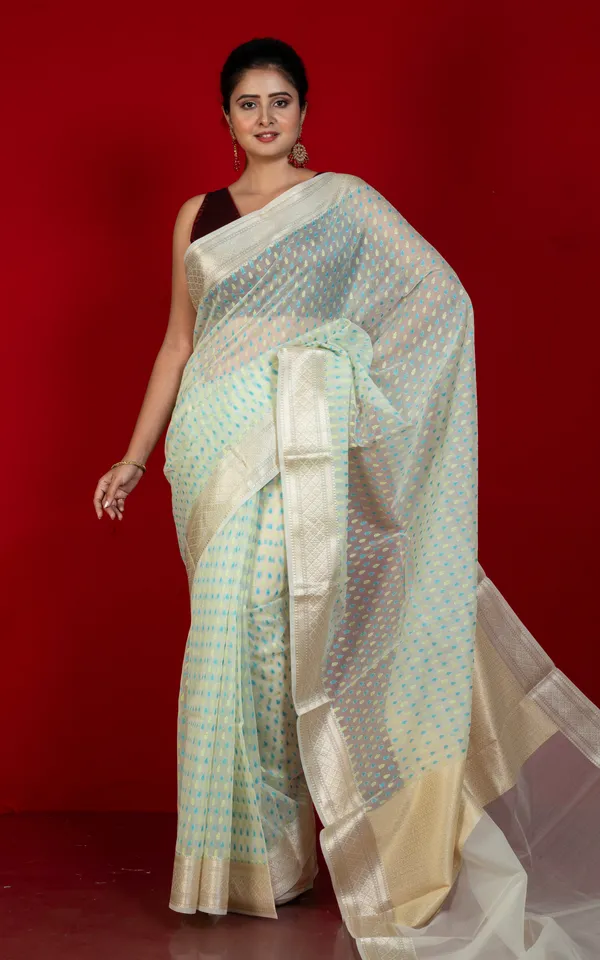 Designer_Dewdrop_Butta_Kora_Organza_Silk_Banarasi_Saree_In_Off_White_With_Fountain_Blue_Beryl_Green_And_Silver