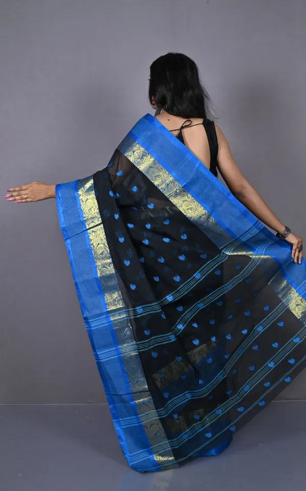 Designer_Matta_Border_Bengal_Tangail_Hazar_Butti_Cotton_Saree_In_Black_And_Blue