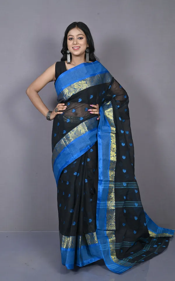 Designer_Matta_Border_Bengal_Tangail_Hazar_Butti_Cotton_Saree_In_Black_And_Blue