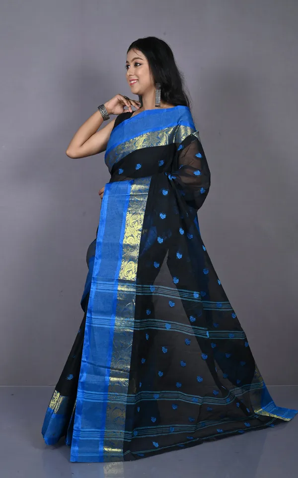 Designer_Matta_Border_Bengal_Tangail_Hazar_Butti_Cotton_Saree_In_Black_And_Blue