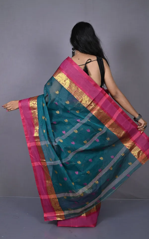 Designer_Matta_Border_Bengal_Tangail_Hazar_Butti_Cotton_Saree_In_Deep_Sea_Green_And_Royal_Heath