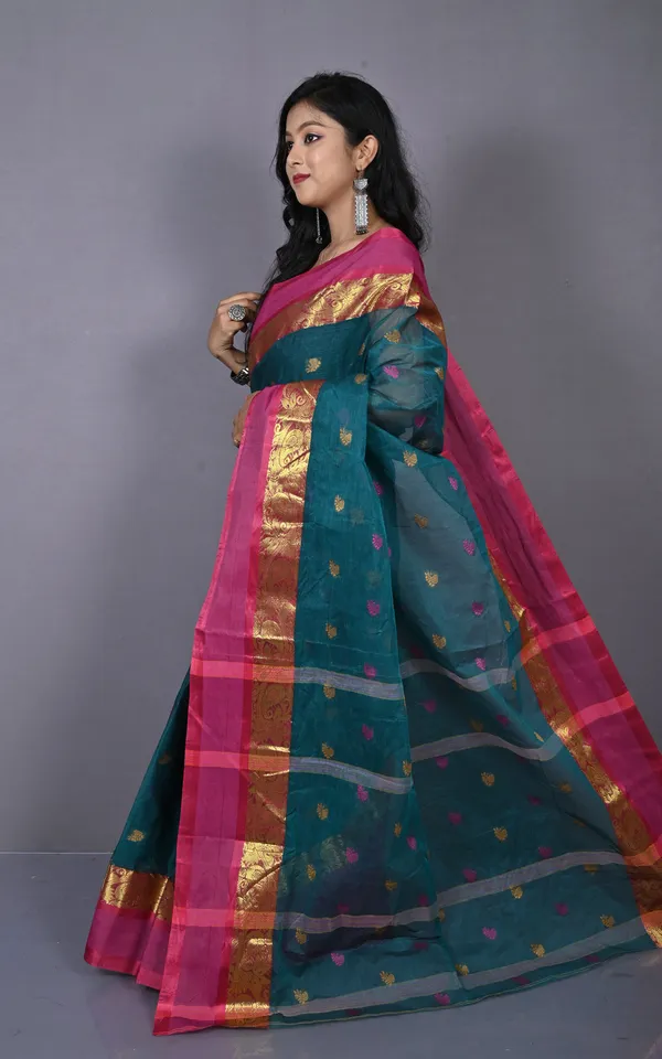 Designer_Matta_Border_Bengal_Tangail_Hazar_Butti_Cotton_Saree_In_Deep_Sea_Green_And_Royal_Heath