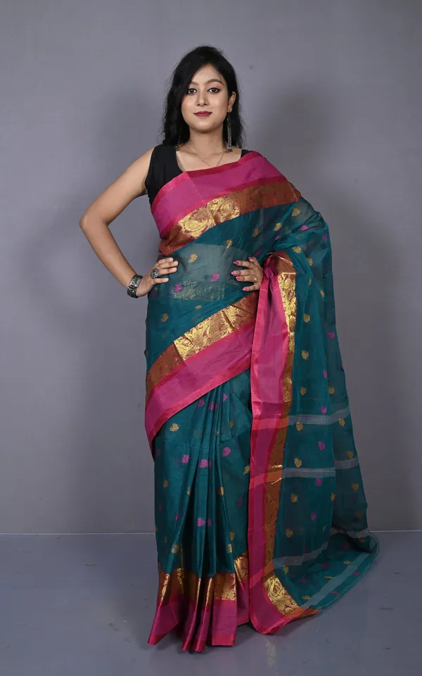 Designer_Matta_Border_Bengal_Tangail_Hazar_Butti_Cotton_Saree_In_Deep_Sea_Green_And_Royal_Heath