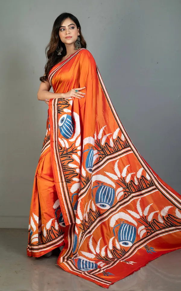 Hand_Embroidery_Blended_Silk_Kantha_Work_Saree_In_Burnt_Orange_Black_Off_White_And_Cool_Blue_Thread_Work