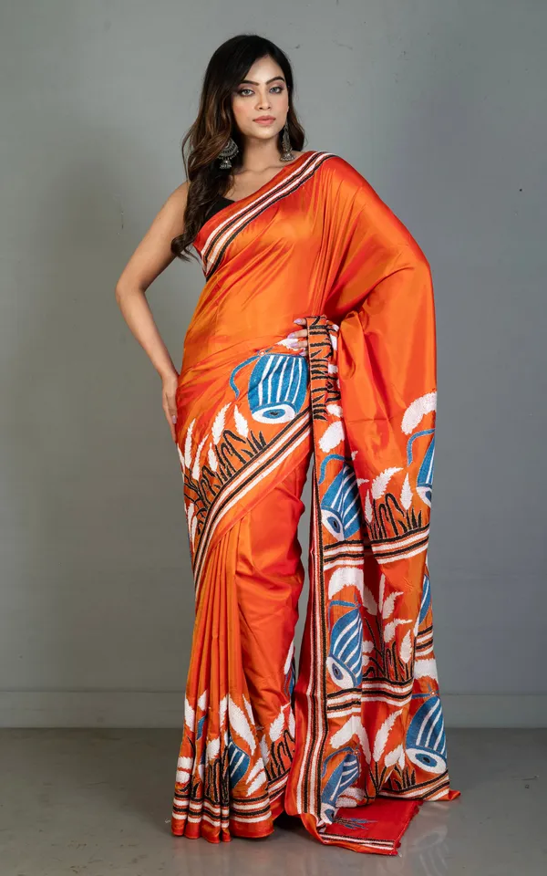 Hand_Embroidery_Blended_Silk_Kantha_Work_Saree_In_Burnt_Orange_Black_Off_White_And_Cool_Blue_Thread_Work