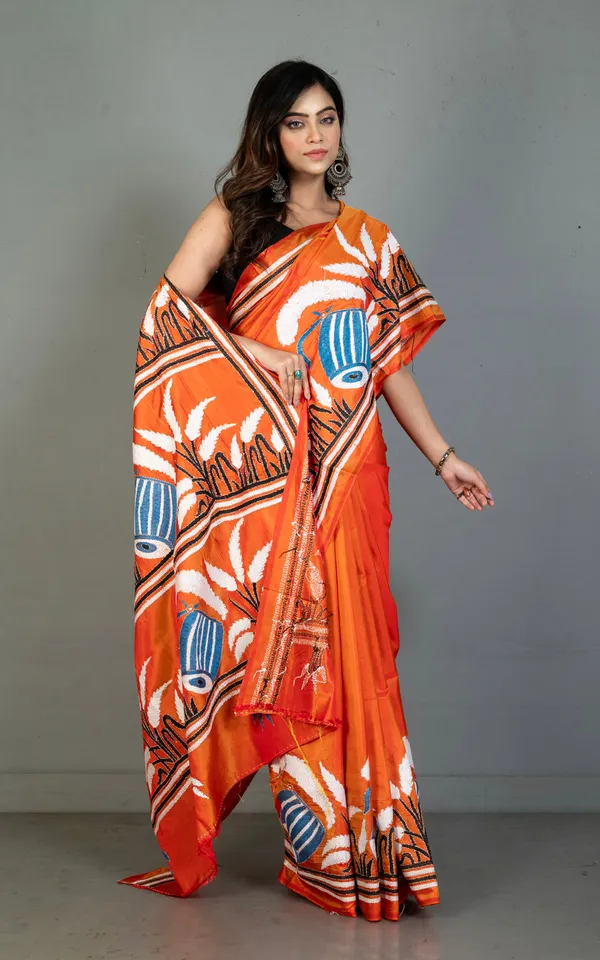 Hand_Embroidery_Blended_Silk_Kantha_Work_Saree_In_Burnt_Orange_Black_Off_White_And_Cool_Blue_Thread_Work