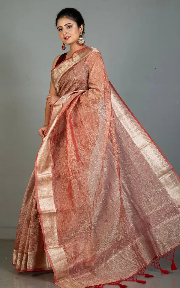 Soft_Crushed_Tissue_Katan_Banarasi_Silk_Saree_In_Burnt_Umber_And_Antique_Golden
