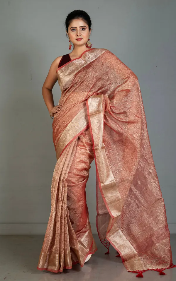 Soft_Crushed_Tissue_Katan_Banarasi_Silk_Saree_In_Burnt_Umber_And_Antique_Golden