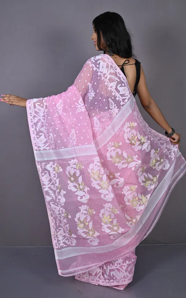 Solapuri_Work_Jamdani_Saree_In_Powder_Pink_Off_White_And_Golden