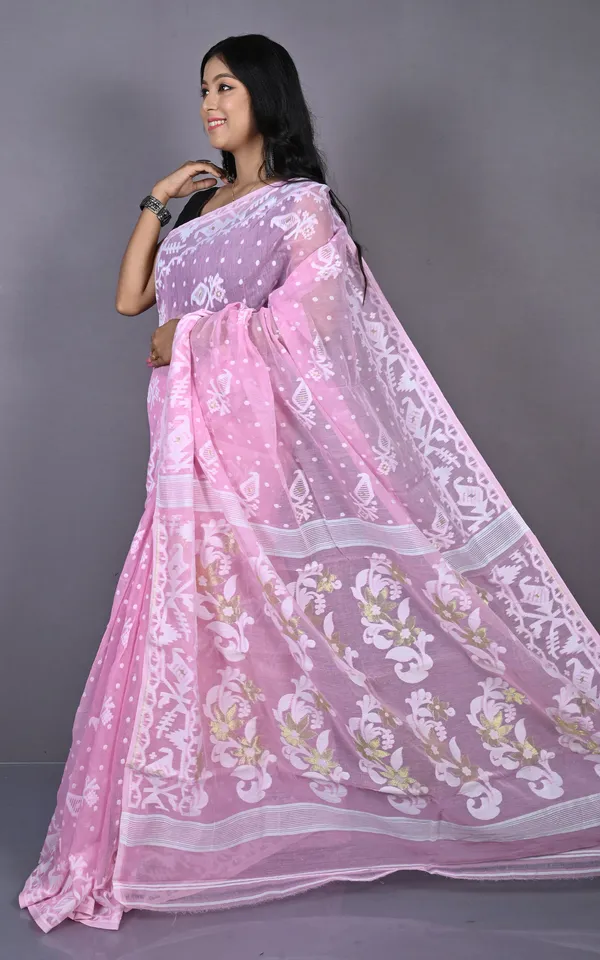 Solapuri_Work_Jamdani_Saree_In_Powder_Pink_Off_White_And_Golden