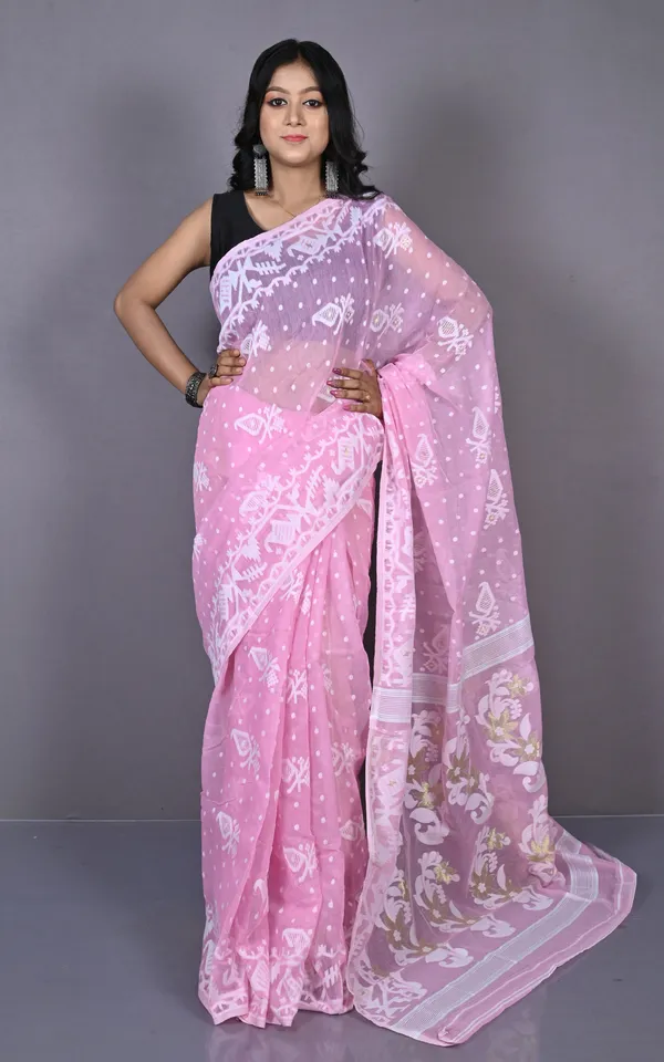 Solapuri_Work_Jamdani_Saree_In_Powder_Pink_Off_White_And_Golden