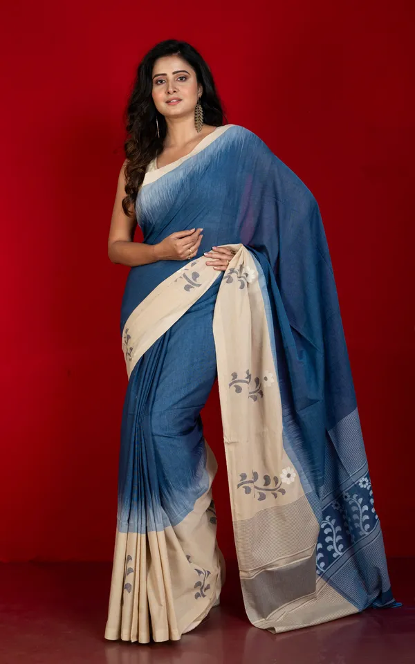 Premium_Quality_Double_Warp_Khaddar_Kadiyal_Skirt_Border_Jamdani_Saree_In_Catalina_Blue_Cashmere_Beige_Off_White_And_Black