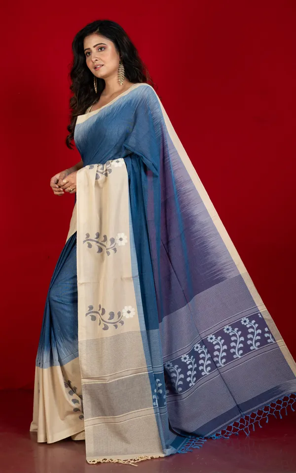 Premium_Quality_Double_Warp_Khaddar_Kadiyal_Skirt_Border_Jamdani_Saree_In_Catalina_Blue_Cashmere_Beige_Off_White_And_Black