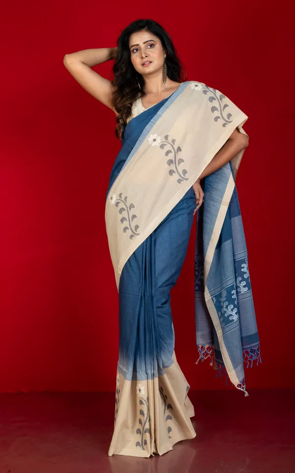 Premium_Quality_Double_Warp_Khaddar_Kadiyal_Skirt_Border_Jamdani_Saree_In_Catalina_Blue_Cashmere_Beige_Off_White_And_Black