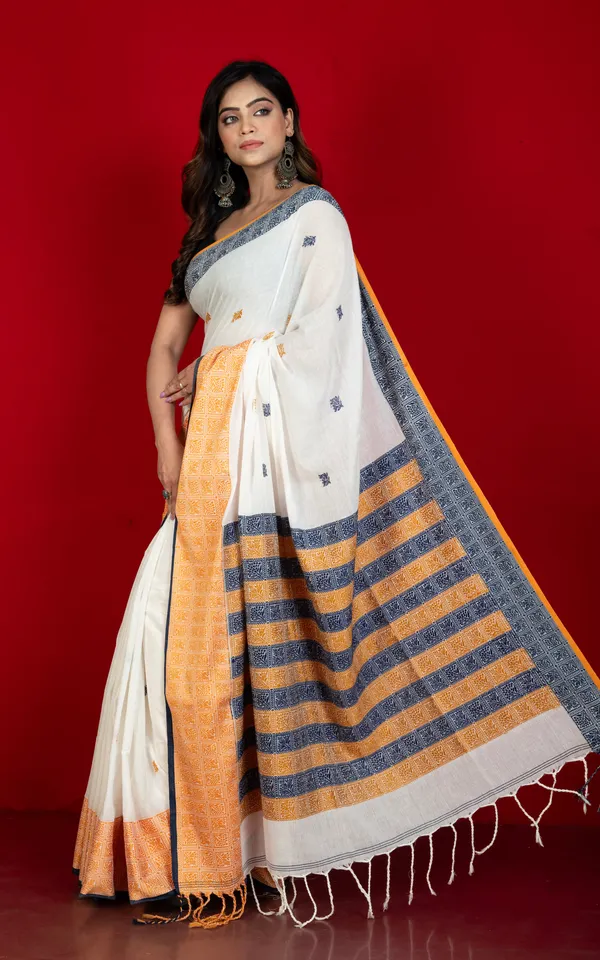 Premium_Quality_Double_Warp_Soft_Pure_Cotton_Bomkai_Saree_In_Off_White_Amber_Yellow_And_Midnight_Blue