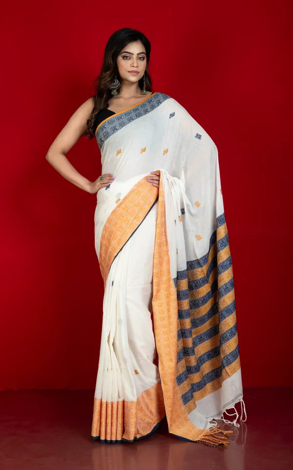 Premium_Quality_Double_Warp_Soft_Pure_Cotton_Bomkai_Saree_In_Off_White_Amber_Yellow_And_Midnight_Blue