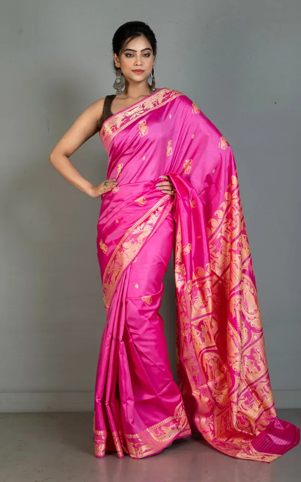 Hand_Woven_Baluchari_Pure_Silk_Saree_In_Rose_Pink_And_Antique_White