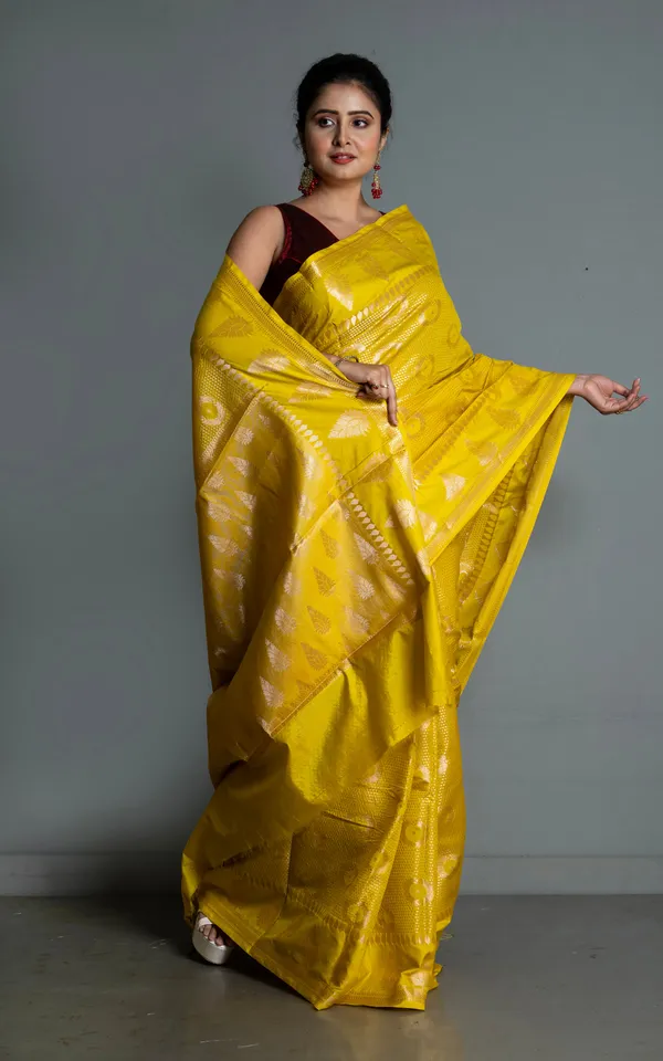 Tan_Chui_Work_Softy_Katan_Silk_Saree_In_Bright_Golden_Yellow_And_Antique_Golden