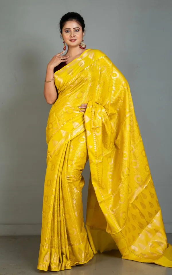Tan_Chui_Work_Softy_Katan_Silk_Saree_In_Bright_Golden_Yellow_And_Antique_Golden