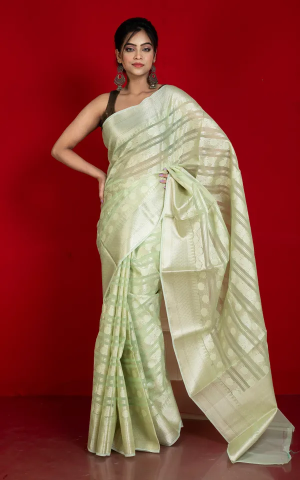 Designer_Kora_Organza_Silk_Banarasi_Saree_In_Green_Mist_And_Off_White