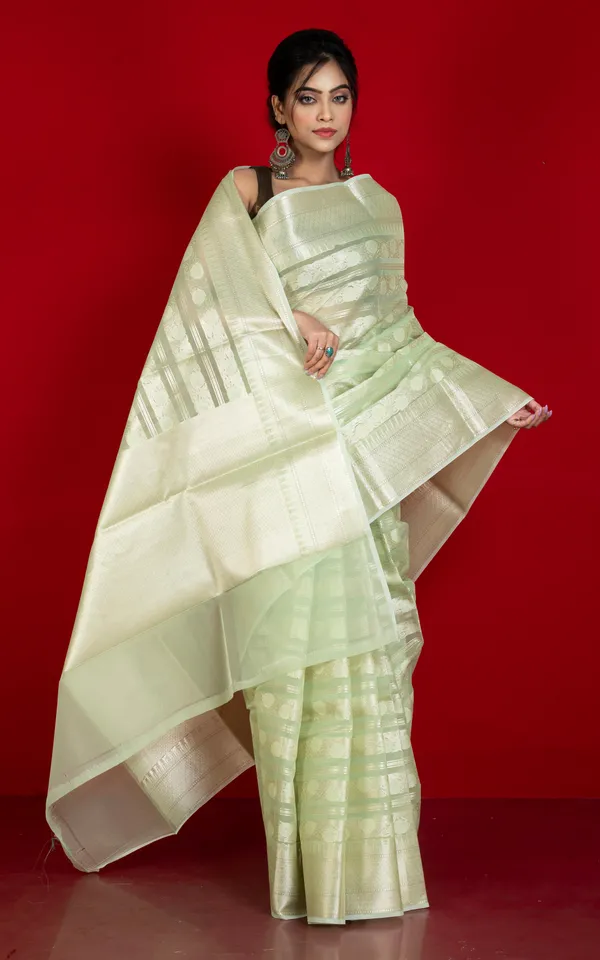 Designer_Kora_Organza_Silk_Banarasi_Saree_In_Green_Mist_And_Off_White