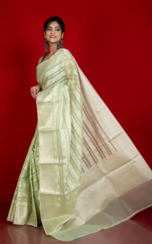 Designer_Kora_Organza_Silk_Banarasi_Saree_In_Green_Mist_And_Off_White