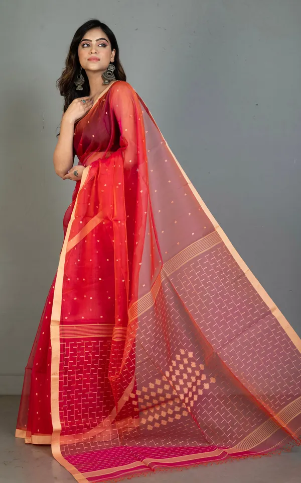 Hand_Woven_Satin_Silk_Slim_Border_Solapuri_Soft_Muslin_Silk_Jamdani_Saree_In_Wild_Watermelon_And_Rose_Bud