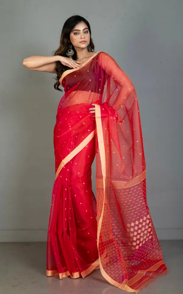 Hand_Woven_Satin_Silk_Slim_Border_Solapuri_Soft_Muslin_Silk_Jamdani_Saree_In_Wild_Watermelon_And_Rose_Bud