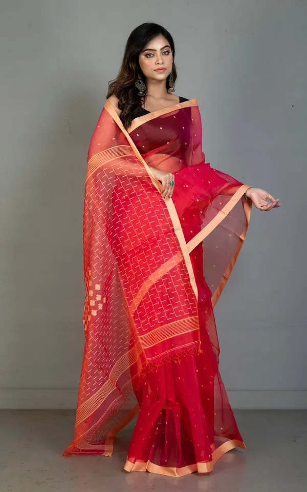Hand_Woven_Satin_Silk_Slim_Border_Solapuri_Soft_Muslin_Silk_Jamdani_Saree_In_Wild_Watermelon_And_Rose_Bud