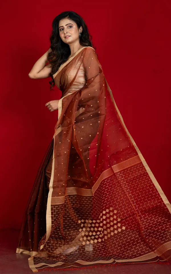 Hand_Woven_Satin_Silk_Slim_Border_Solapuri_Soft_Muslin_Silk_Jamdani_Saree_In_Chocolate_Brown_And_Beige