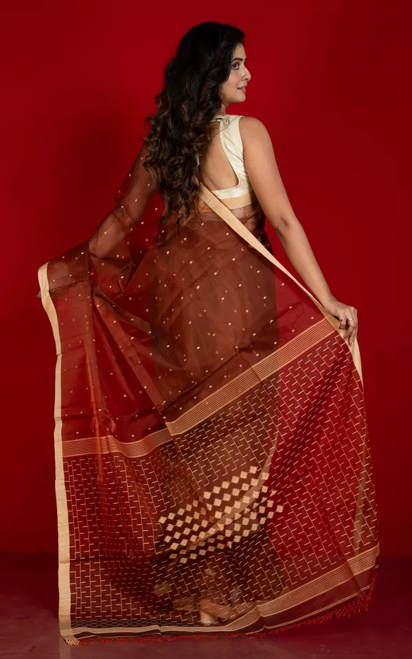 Hand_Woven_Satin_Silk_Slim_Border_Solapuri_Soft_Muslin_Silk_Jamdani_Saree_In_Chocolate_Brown_And_Beige