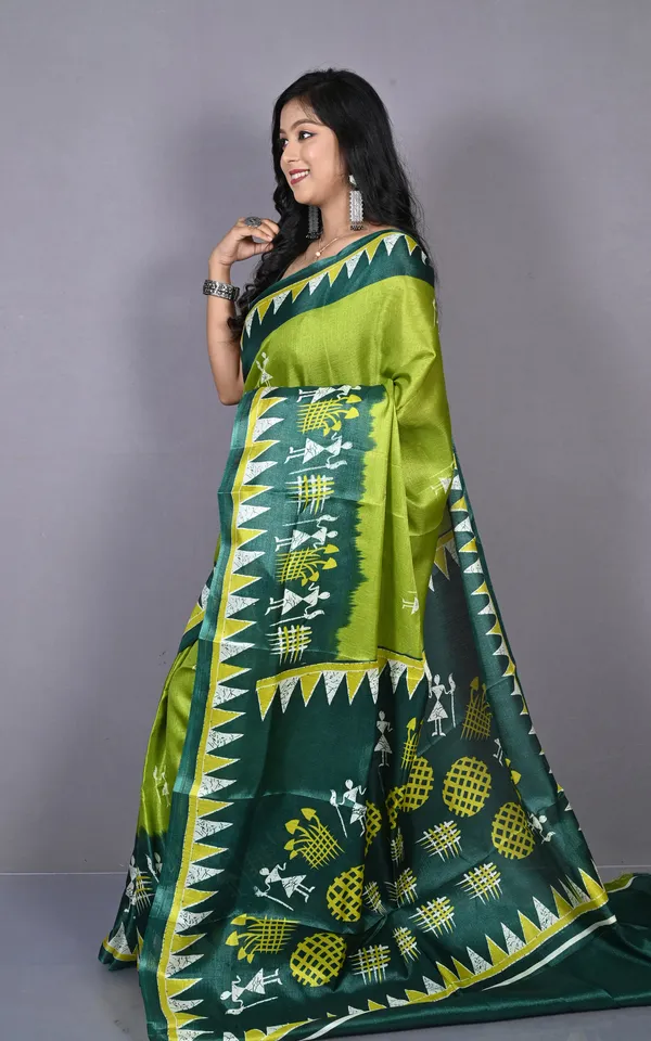 Printed_Soft_Semi_Ghicha_Silk_Saree_In_Avocado_Green_Gable_Green_And_Multicolor