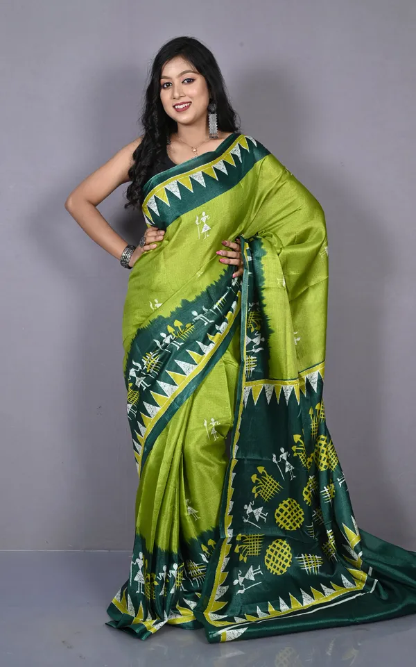 Printed_Soft_Semi_Ghicha_Silk_Saree_In_Avocado_Green_Gable_Green_And_Multicolor