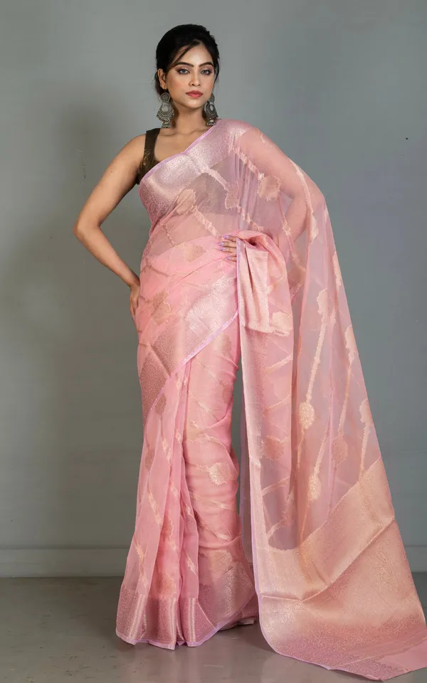 Soft_And_Fine_Crushed_Aara_Nakshi_Work_Semi_Georgette_Banarasi_Saree_In_Soft_Pink_And_Antique_White
